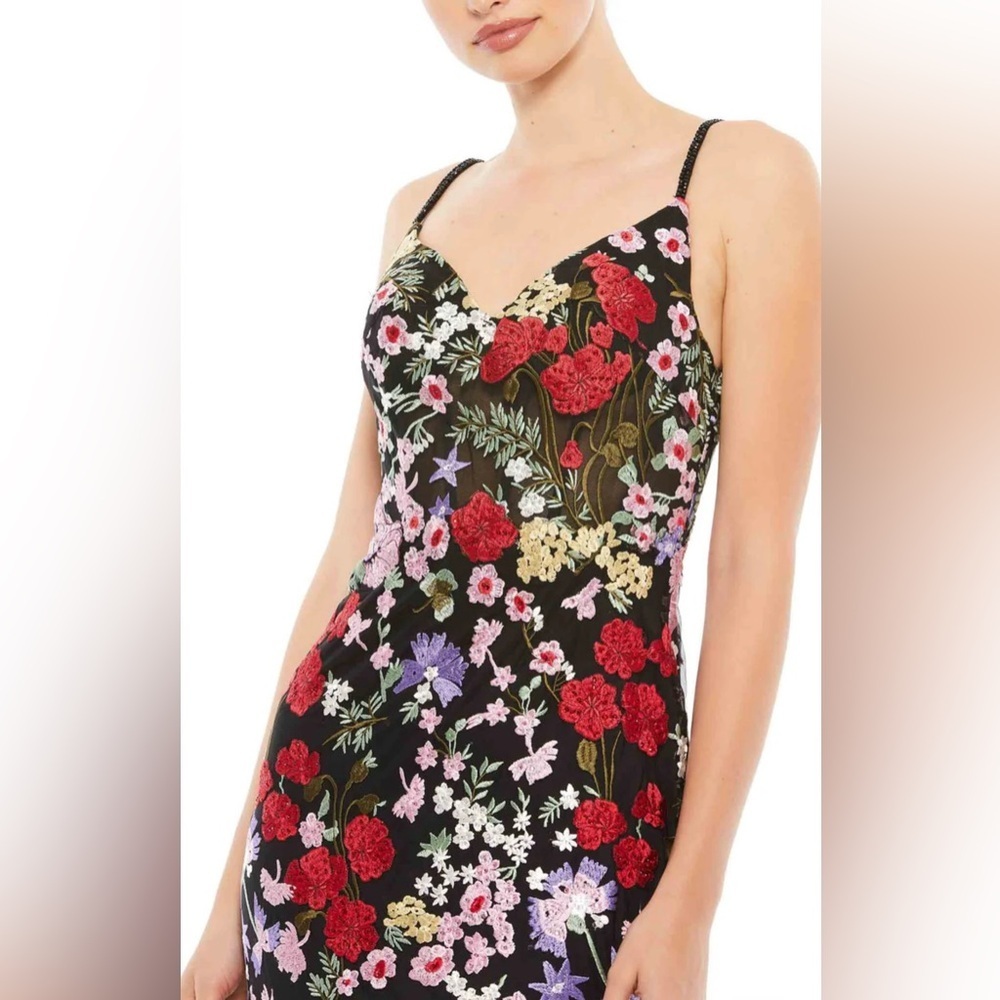 Mac Duggal Black Floral Maxi Dress with Red & Pink Accents - Picture 3 of 11
